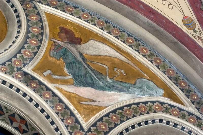  96-Modesto Faustini-Angelo in volo con veste azzurra e nastri bianchi - Santuario Santa Maria delle Grazie, Brescia 